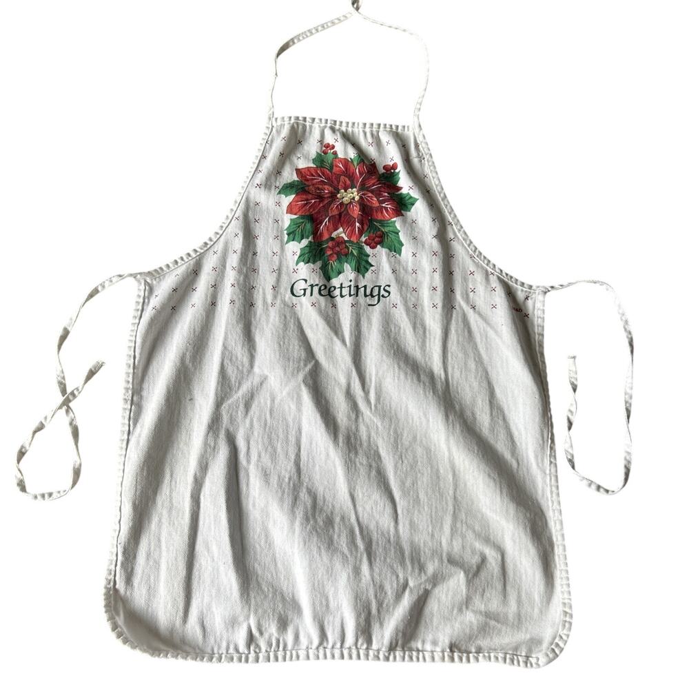 Vtg B&D 1980s poinsettias & Greetings Holiday bib apron White Red Green